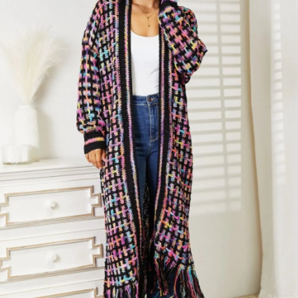 📣CLEARANCE📣 Boho Black Rainbow Open Front Fringe Long Cardigan - Picture 4 of 7